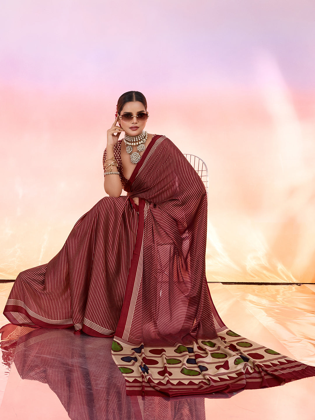 Maroon Printed Satin Saree