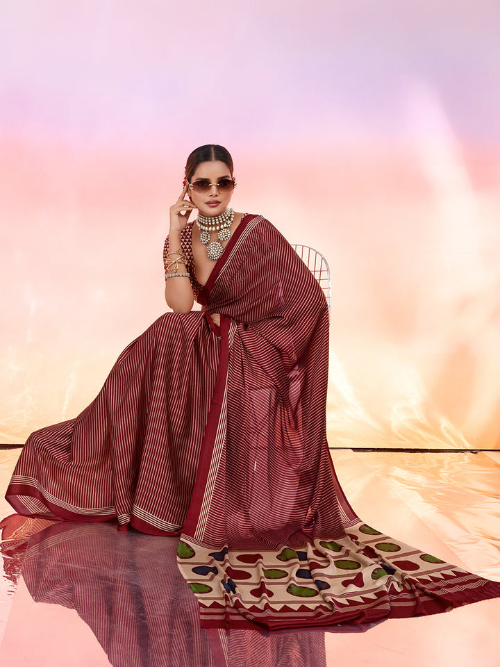 Maroon Printed Satin Saree