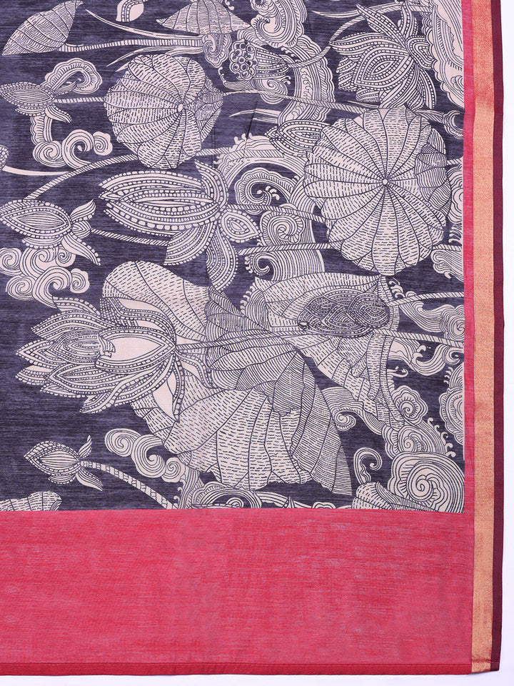 Printed Chanderi Unstitched Suit With Pant &amp; Dupatta