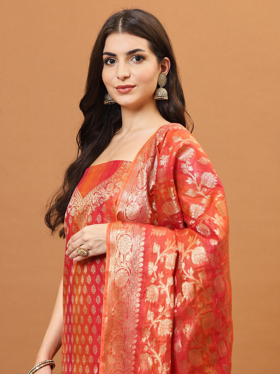 Woven Banarasi Chanderi Unstitched Suit With Dupatta