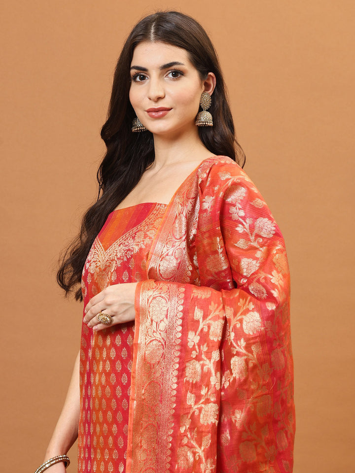 Woven Banarasi Chanderi Unstitched Suit With Dupatta