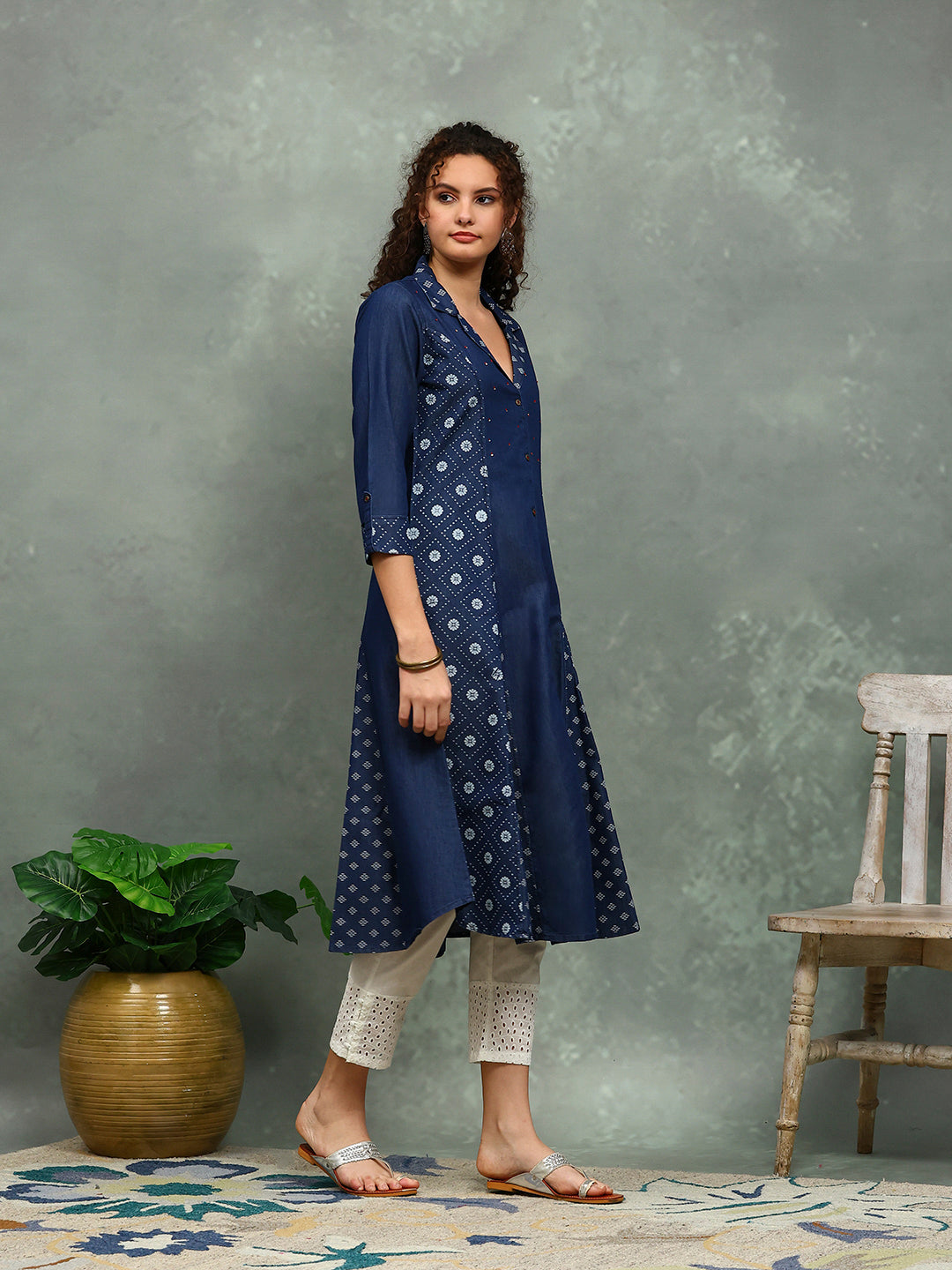 Printed Denim Kurta