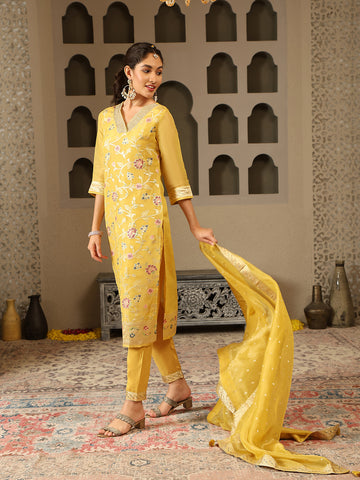 Woven Embroidery Tissue Kurta With Pants & Dupatta