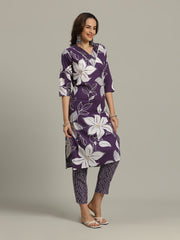 Floral Printed Cotton Blend Kurta With Pants & Dupatta