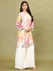 Floral Printed Art Silk Kurta With Sharara And Dupatta