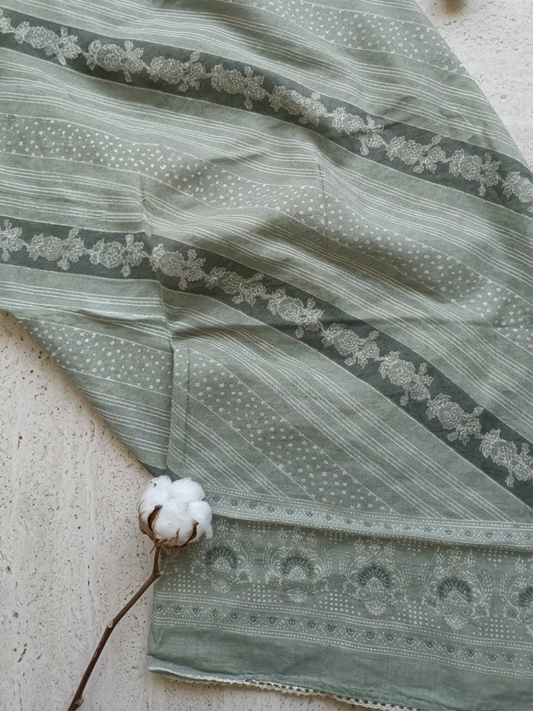 Printed Cotton Blend Unstitched Suit With Pant &amp; Dupatta