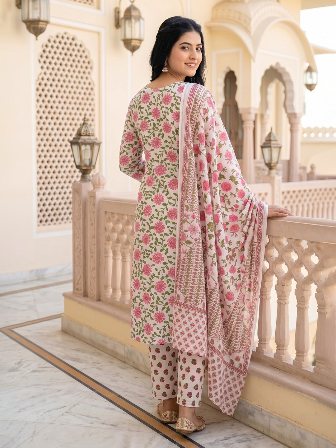 Green Printed Cotton Blend Straight Round Neck Suit Set