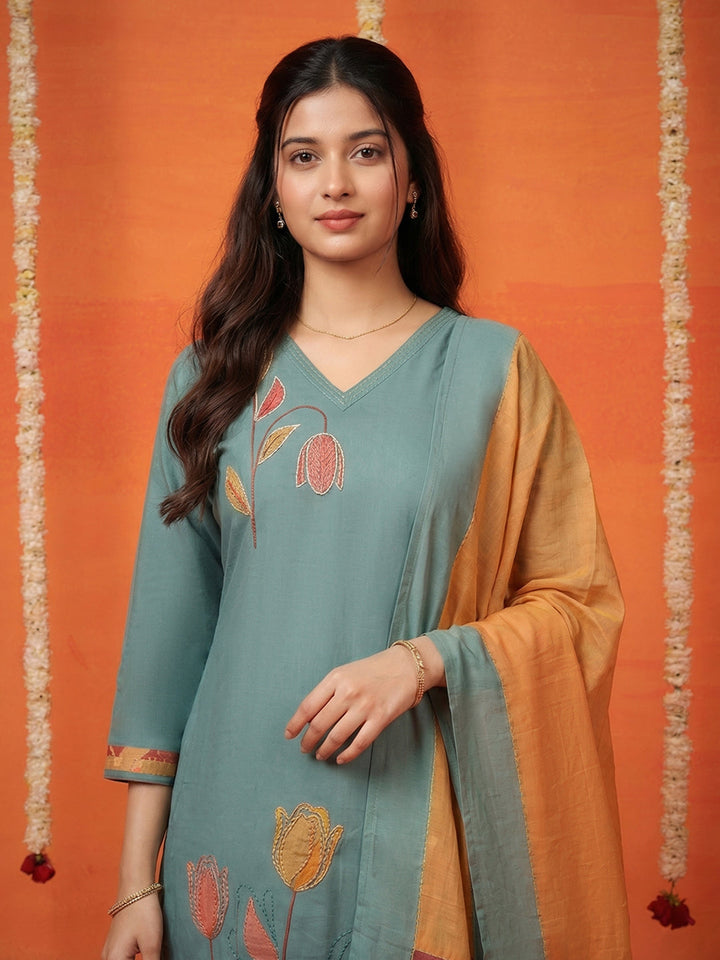 Embroidered Art Silk Kurta With Pant &amp; Dupatta
