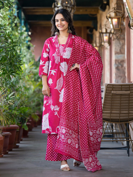 Printed Cotton Blend Kurta With Pants & Dupatta