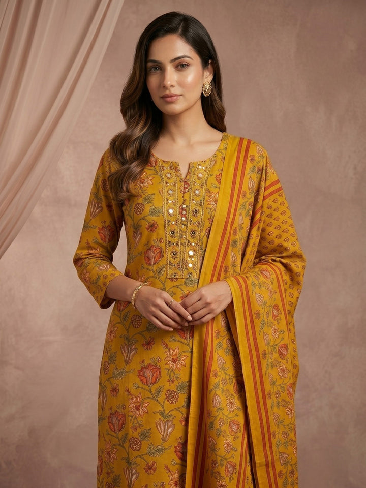 Mustard Embroidered Cotton Blend Straight Round Neck Suit Set