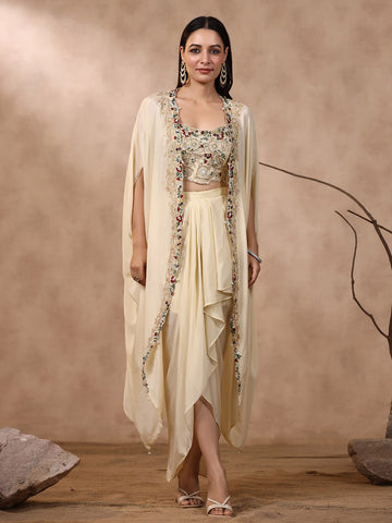 Thread Embroidered Crepe Choli With Pleated Skirt