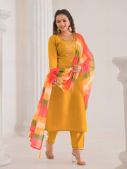 Neck Embroidery Cotton Blend Kurta With Pants & Dupatta