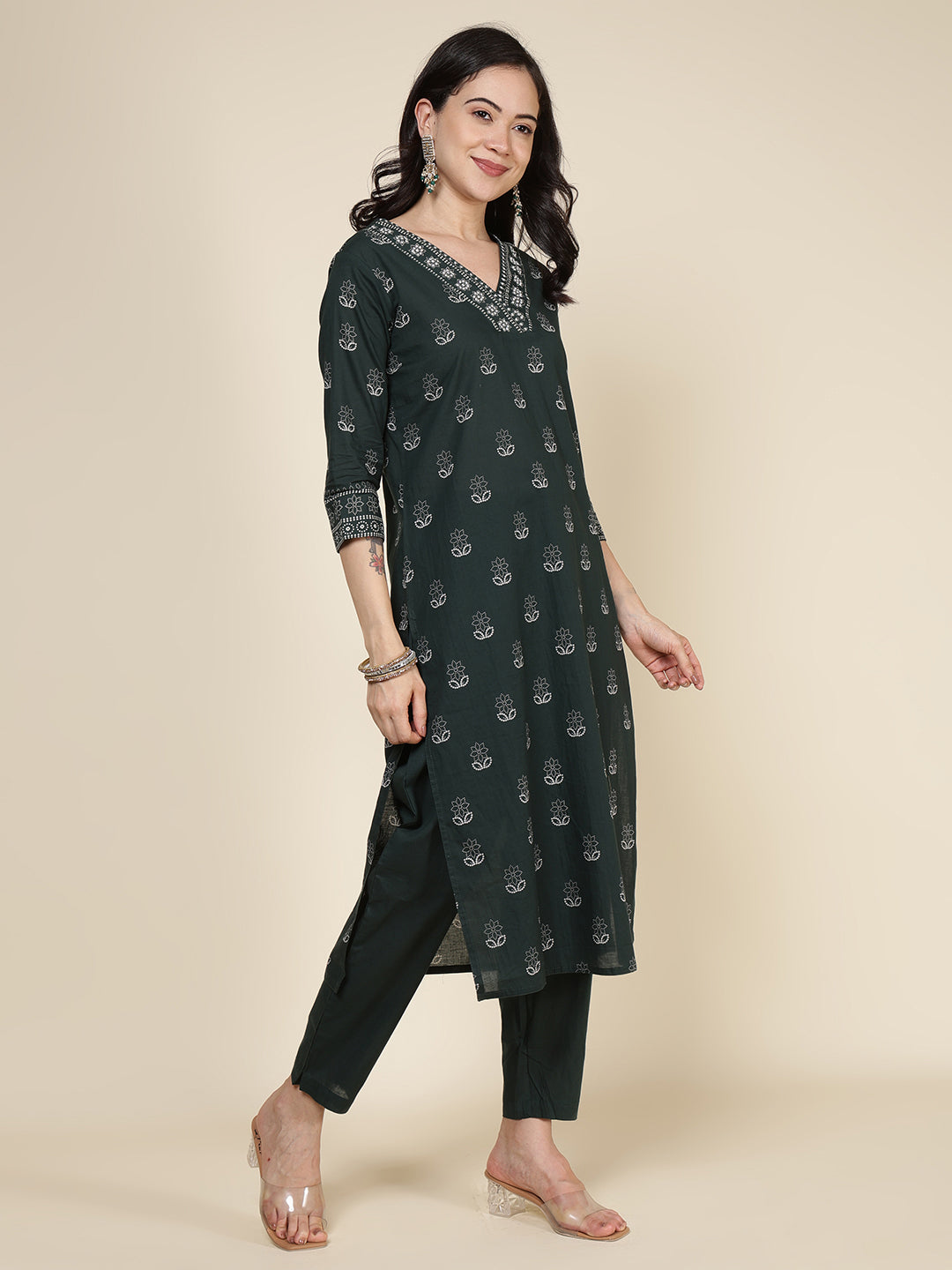 Printed Cotton Blend Kurta With Pants &amp; Dupatta