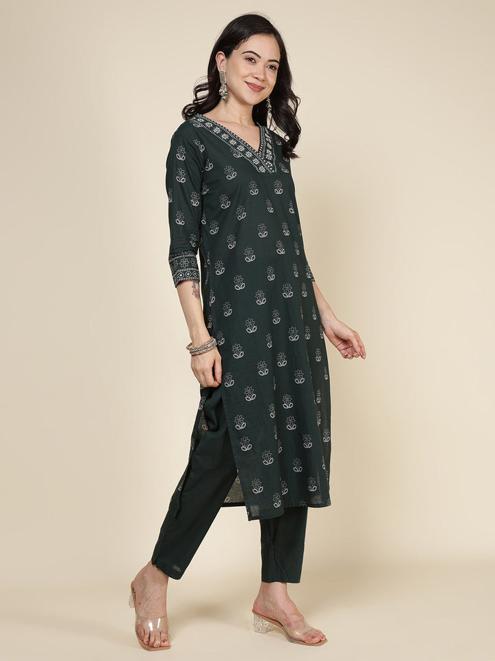 Printed Cotton Blend Kurta With Pants &amp; Dupatta