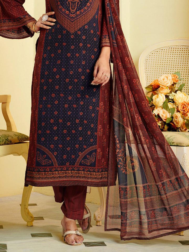 Printed Crepe Unstitched Suit With Pant &amp; Dupatta