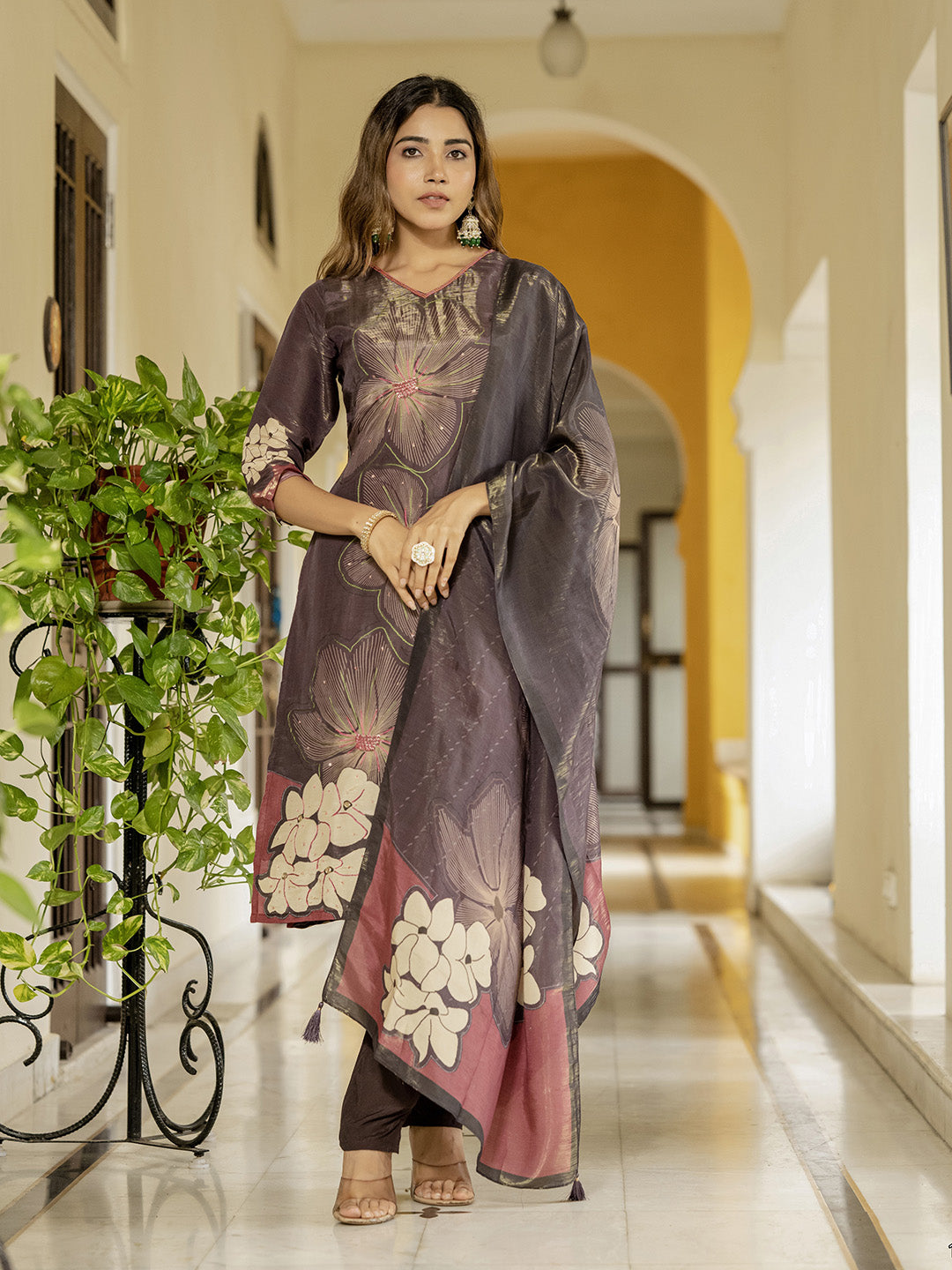 Embroidered Art Silk Kurta With Pant &amp; Dupatta