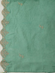 Embroidered Chanderi Cream-Green Unstitched Suit With Pant & Dupatta