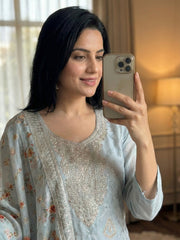 Embroidered Cotton Blend Kurta With Pant & Dupatta