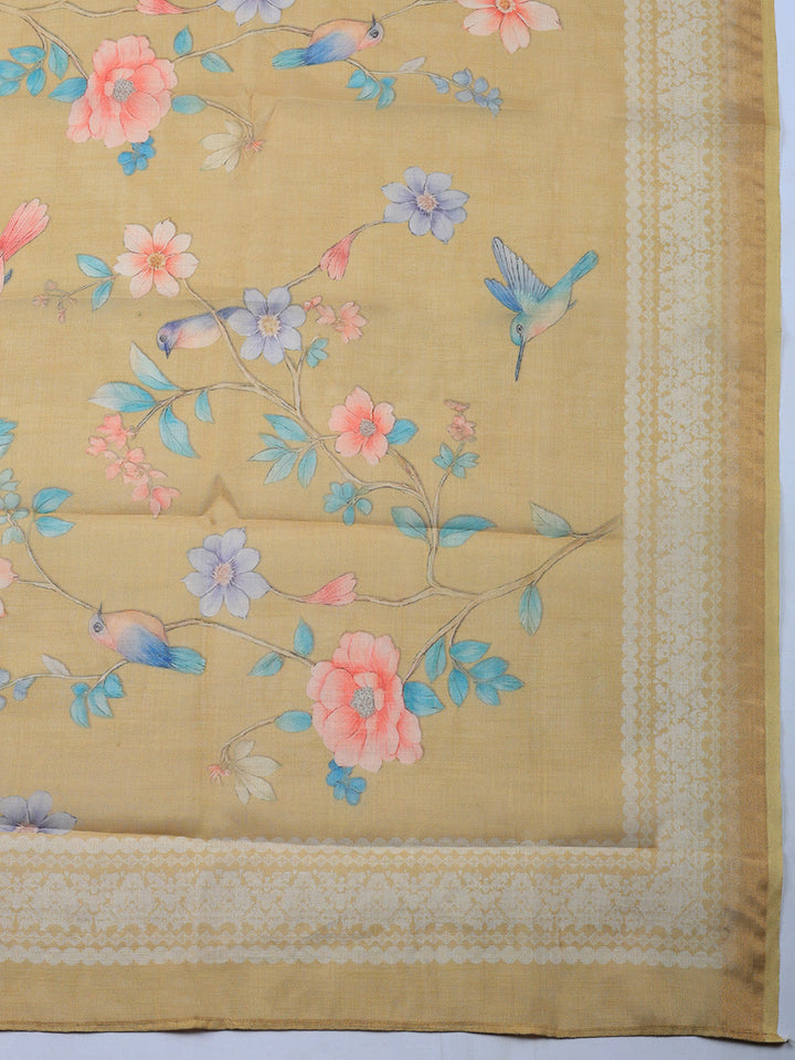 Printed Linen Blend Unstitched Suit With Pant &amp; Dupatta