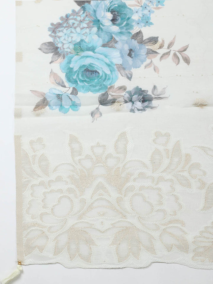 Embroidered Linen Blend Unstitched Suit With Pant &amp; Dupatta