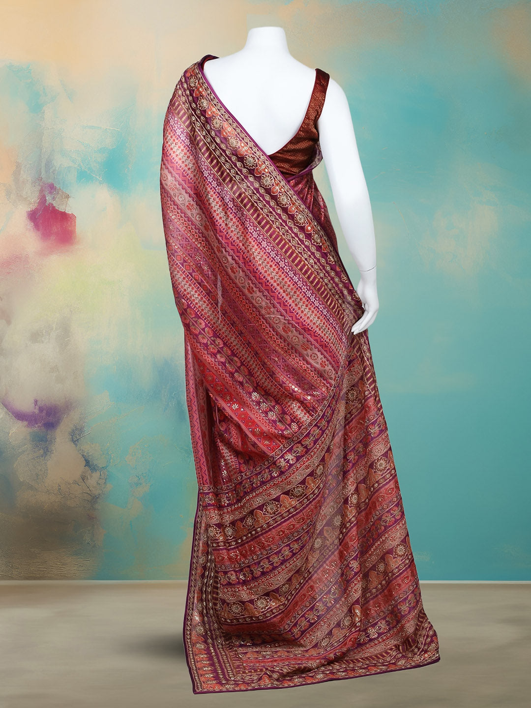 Printed &amp; Embellished Organza Saree