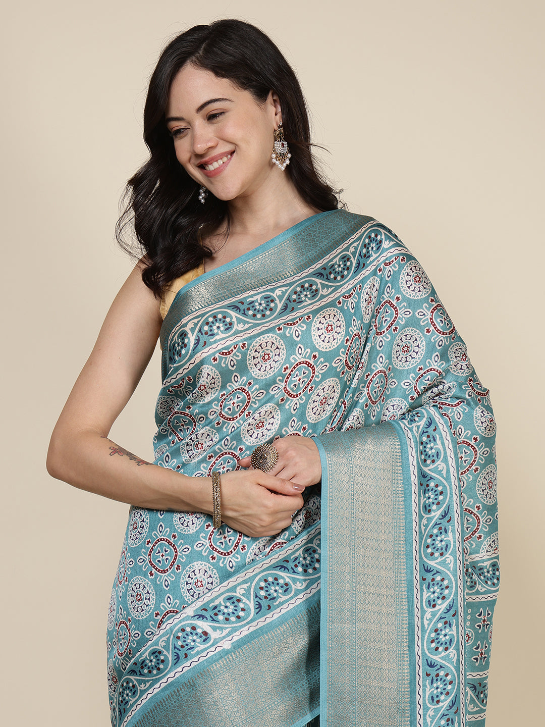 Ajrak Printed Dola Cotton Woven Saree