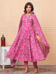 Printed Cotton Blend Kurta With Pants & Dupatta