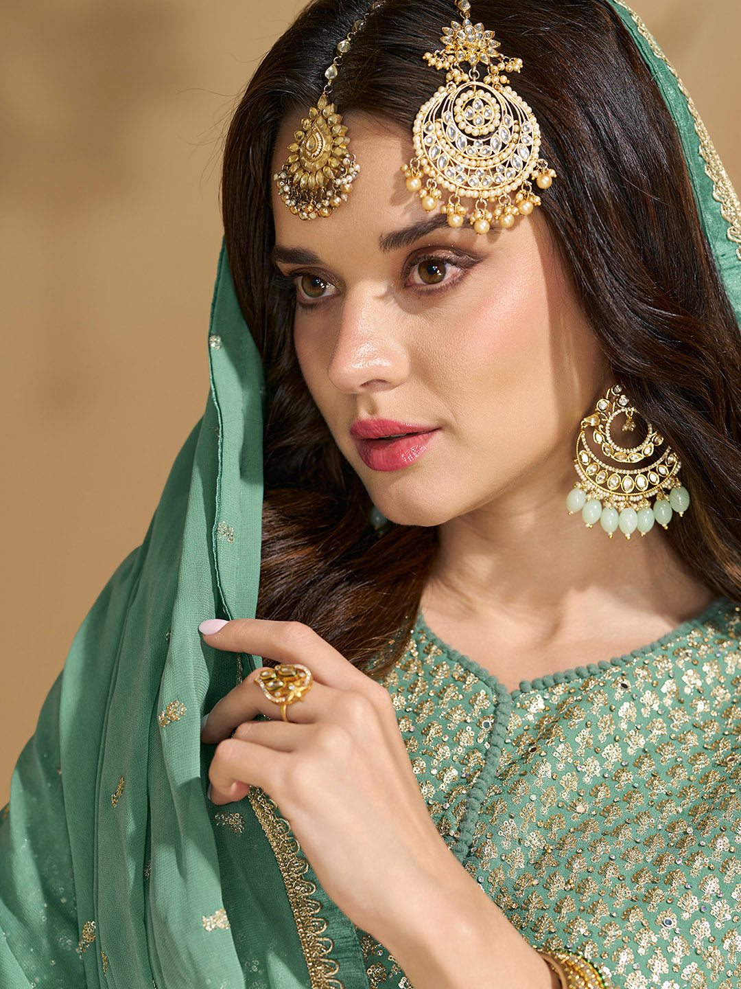 Embroidered Georgette Kurti With Skirt &amp; Dupatta