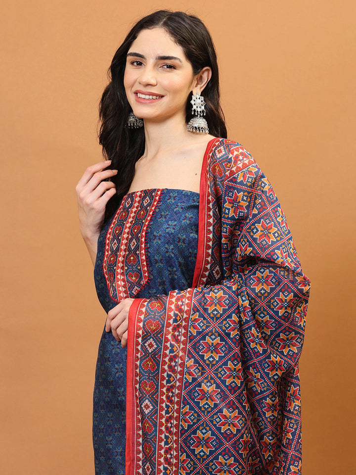 Printed Chanderi Unstitched Suit Piece With Dupatta
