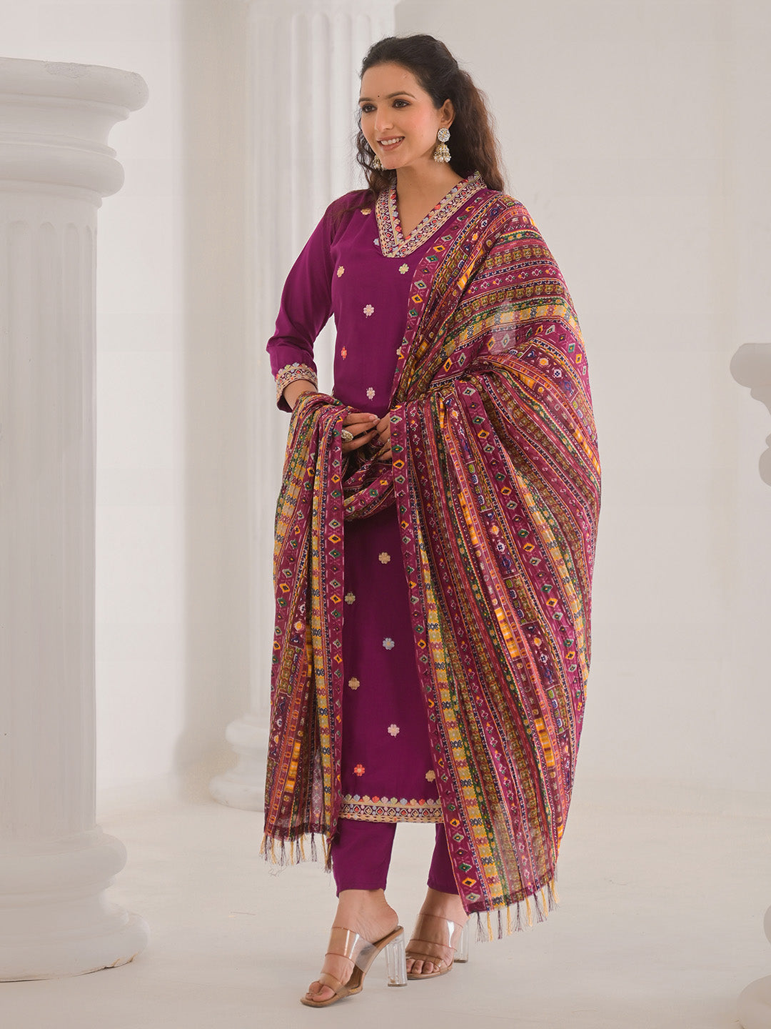 Neck Embroidery Cotton Blend Kurta With Pants &amp; Dupatta