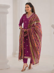 Neck Embroidery Cotton Blend Kurta With Pants & Dupatta