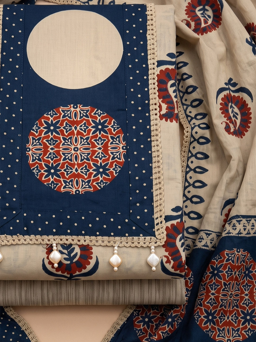 Beige Cotton Blend Embroidered Unstitched Dress Material