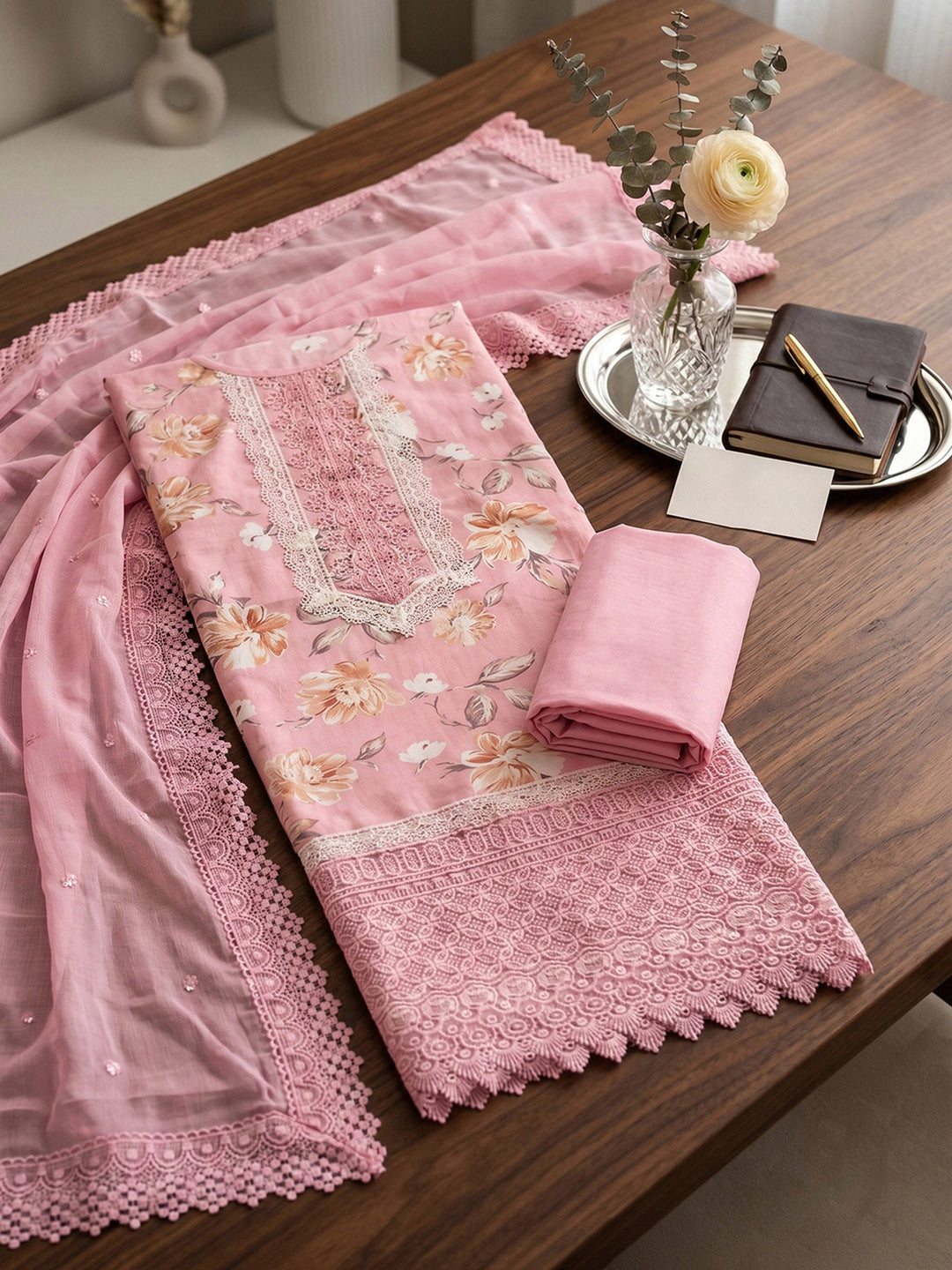 Neck Embroidered Cotton Blend Unstitched Suit With Dupatta
