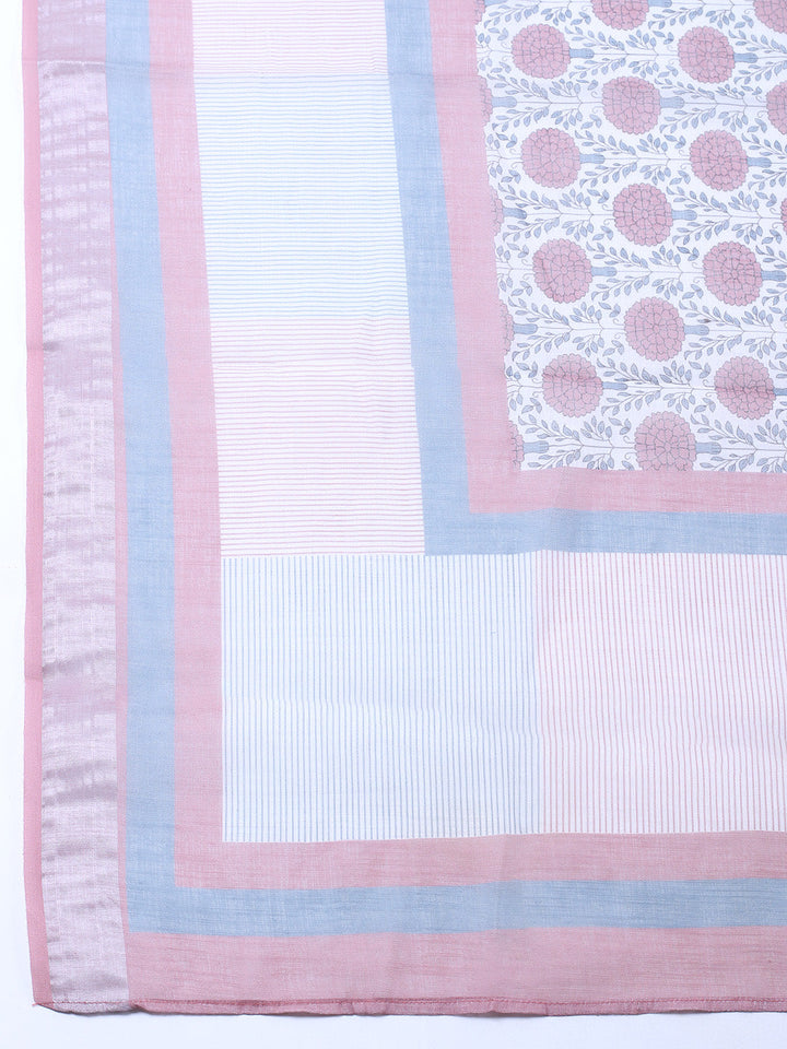 Printed Linen Blend Unstitched Suit With Pant &amp; Dupatta