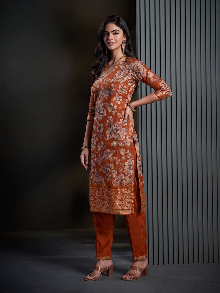 Rust Printed Art Silk Kurta With Pant &amp; Dupatta