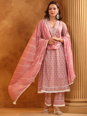 Printed Cotton Blend Kurta With Pants & Dupatta