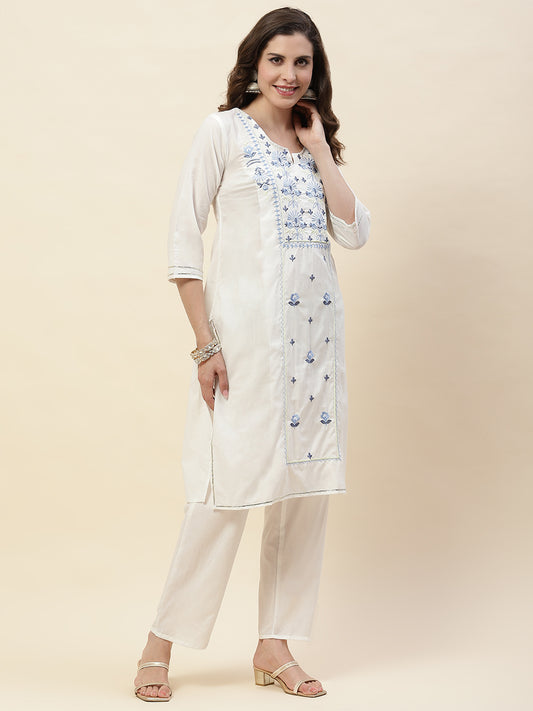 Neck Embroidery Cotton Kurta With Pants