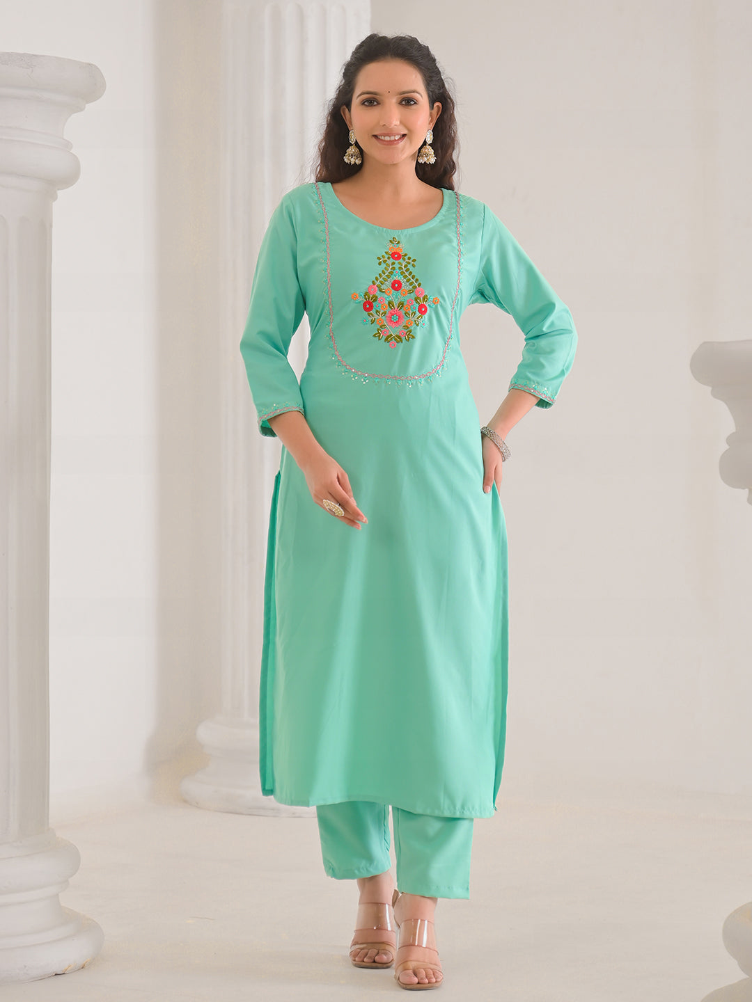 Neck Embroidery Cotton Blend Kurta With Pants &amp; Dupatta