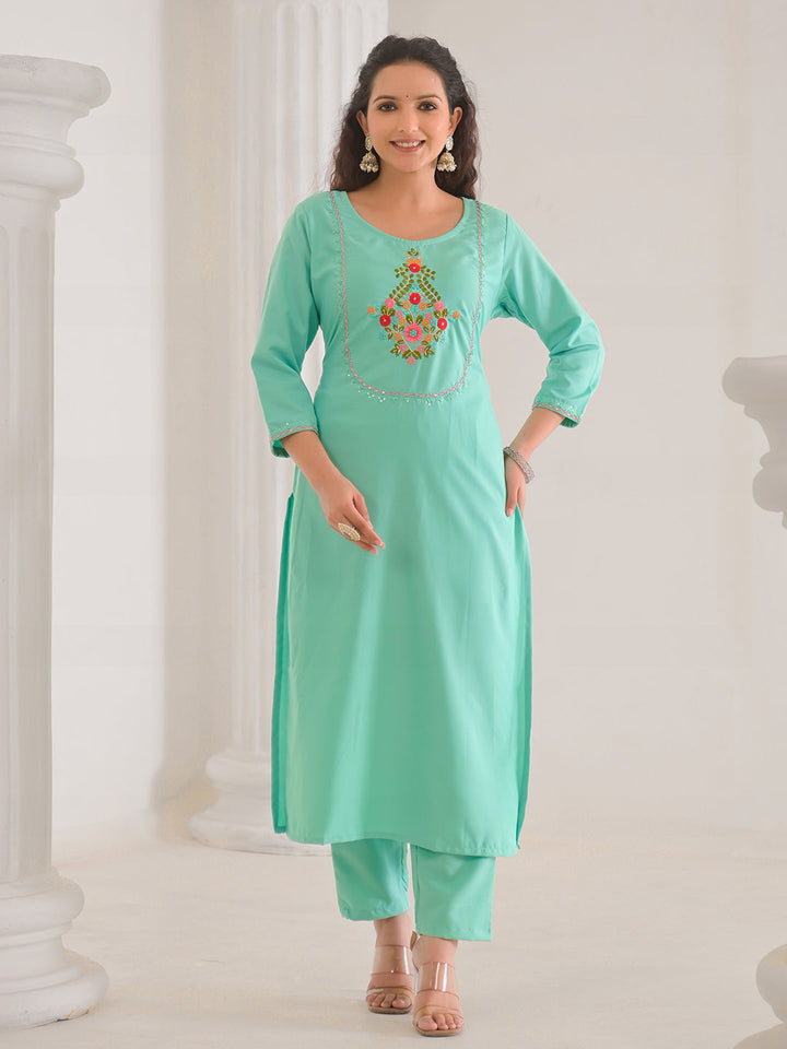 Neck Embroidery Cotton Blend Kurta With Pants &amp; Dupatta