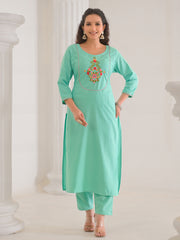 Neck Embroidery Cotton Blend Kurta With Pants & Dupatta