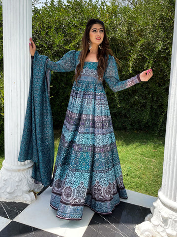 Floral Printed Anarkali Kurta With Legging & Dupatta