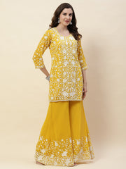 Resham Embroidery Georgette Kurta With Sharara & Dupatta