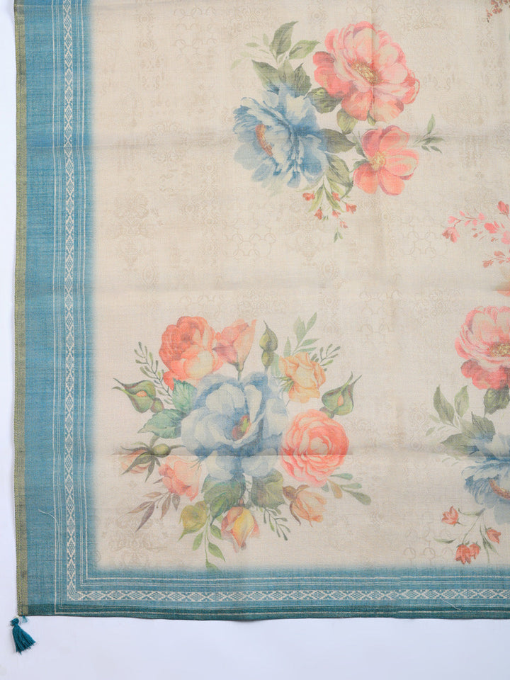 Printed Linen Blend Unstitched Suit With Pant &amp; Dupatta