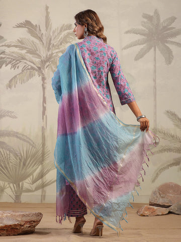 Digital Floral Printed Cotton Blend Kurta With Pants & Dupatta