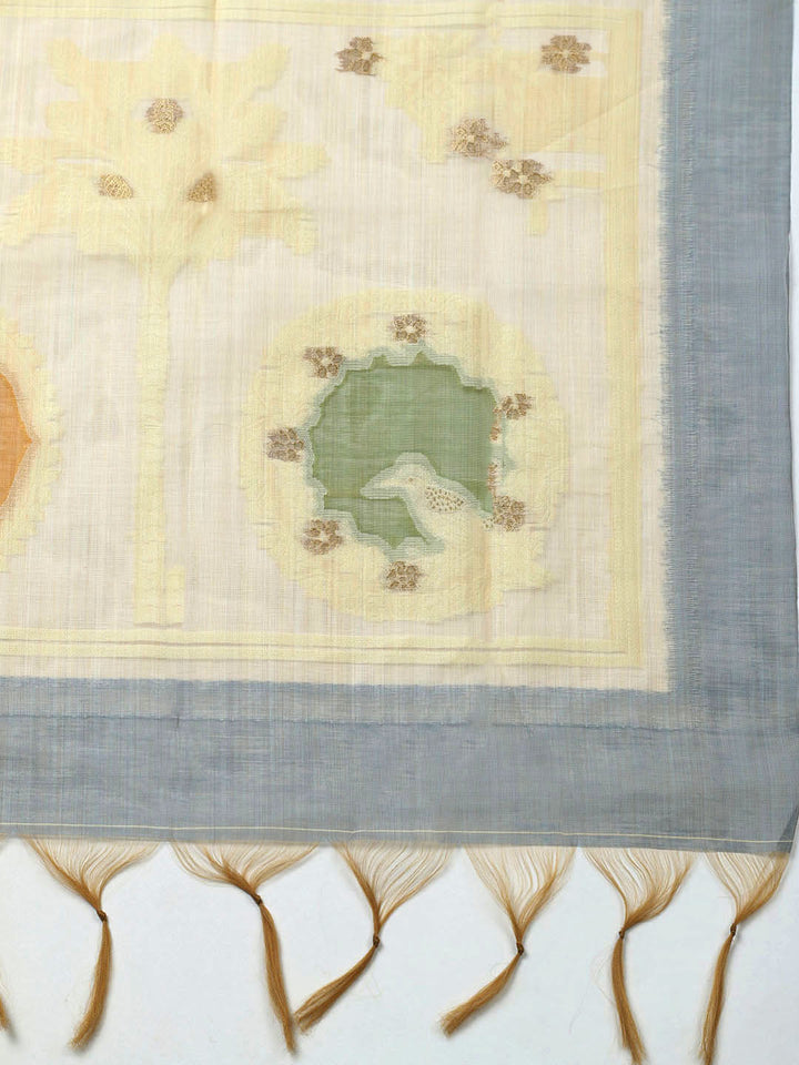 Printed Chanderi Unstitched Suit With Pant &amp; Dupatta