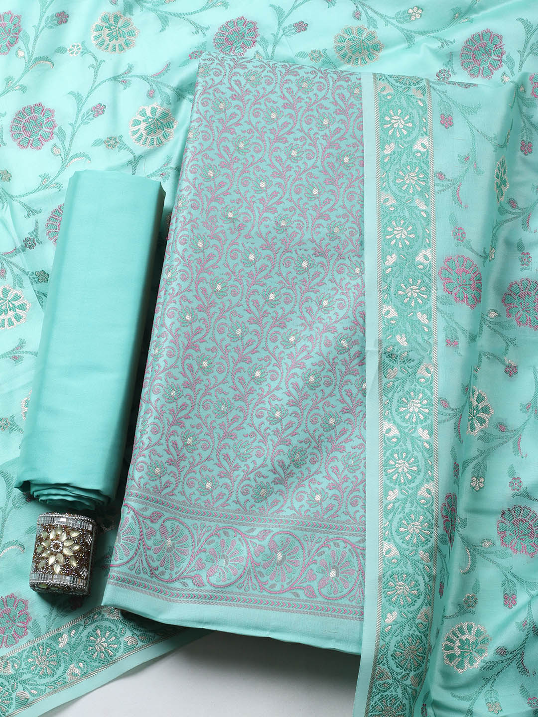 Banarasi Chanderi Unstitched Suit With Pant &amp; Dupatta