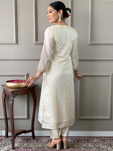 Resham Embroidered Cotton Blend Kurta With Pant & Dupatta