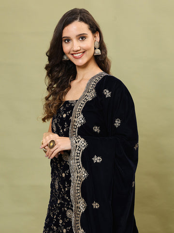 Embroidered Velvet Unstitched Suit Piece With Dupatta