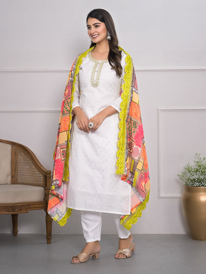 Neck Embroidery Cotton Blend Kurta With Pants &amp; Dupatta