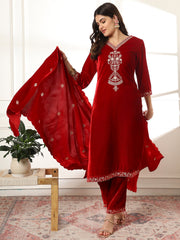 Zari Neck Embroidered Velvet Kurta With Pants & Dupatta